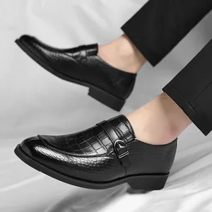 Elegant black men's crocodile textured business casual leather shoes with monk buckle