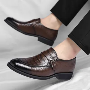 Men's brown business casual leather loafers featuring crocodile pattern and buckle
