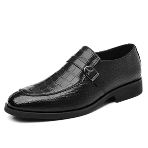 Classic black men's business casual loafers with crocodile texture and metal buckle