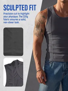 Detail of 220g ribbed fabric on a men's sculpted fit grey fitness tank top