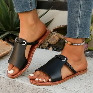 Women Summer Flat Slides Woven Peep Toe PU Leather Casual Beach Sandals Outdoor Vacation Slides For Women