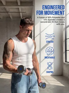 Detail of men's white ribbed fitness vest made from 90% polyester and 10% spandex.