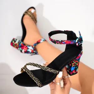 Sandalias de Tacón Alto Grueso para Mujer con Estampado Floral Punta Abierta Correas Trenzadas Bloque de Color Zapatos de Vestir