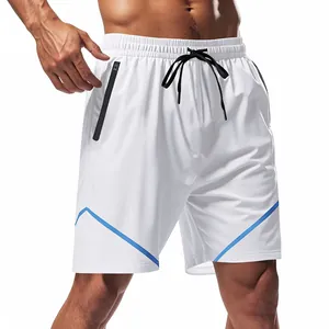 Detail of white men's sports shorts featuring zippered pockets and drawstring waistband.