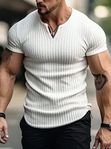 Close-up showing the textured ribbed fabric and athletic fit of this white men's Henley shirt
