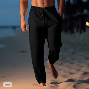 Schwarze Herren-Leinenhose mit Kordelzug für den Strand am Meer, bequemer Schnitt (83 chars)