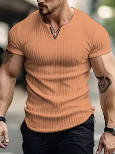 Men's orange slim fit ribbed Henley t-shirt with athletic short sleeves and V-neckline