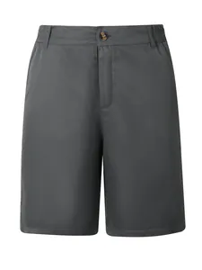 Detailansicht der dunkelgrauen Herren-Freizeitshorts mit Gummibund und Knopfleiste.