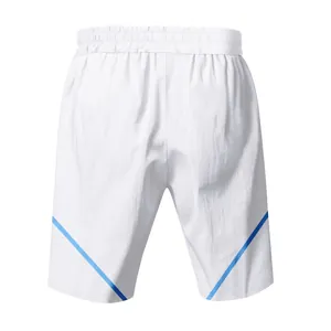 Back view of white men's sports shorts with blue diagonal stripes and elastic waist.