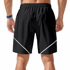 Rear view of black athletic shorts featuring distinctive white V-shaped stripe design