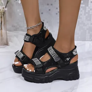 Sandales à Plateforme en Strass pour Femmes Chaussures de Plage Sportives Brillantes Style Romain Semelle Épaisse Mode Été
