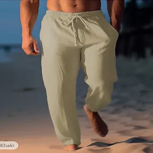 Breathable men's khaki linen beach pants with drawstring elastic waist and straight leg