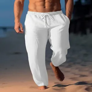 Men's white linen beach pants with drawstring elastic waist and straight leg fit