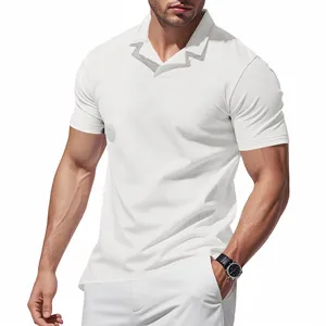 Macro view of white waffle knit polo shirt with stylish V-neck on a fit male model