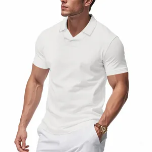 Detailed view of men's white waffle knit polo shirt with stylish open collar design.