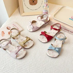 New collection children's floral flat sandals with bow and ankle strap in colors