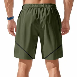 Back view of men's olive green athletic shorts with black diagonal stripes detailing