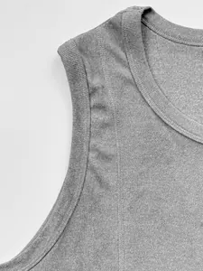 Close-up of the ribbed knit texture and neckline of a gray men's tank top