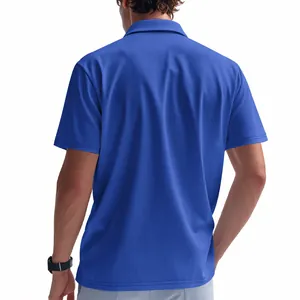 Close-up back view showing texture of blue waffle knit short sleeve polo shirt