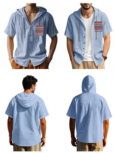 Herren Leinenhemd mit Kapuze und Mustertasche in Hellblau, atmungsaktiv