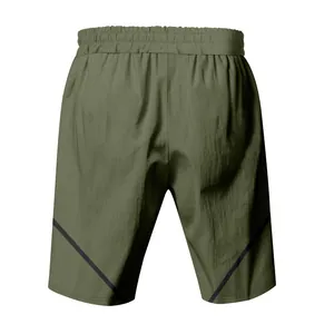 Detailed rear view of olive green men's athletic shorts with stylish black stripe detailing
