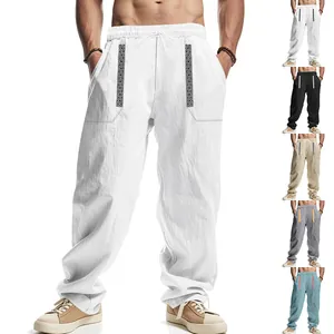 Men's Bohemian Linen Casual Pants Loose Wide Leg Trousers With Ethnic Pattern Trim Breathable Summer Beach Joggers