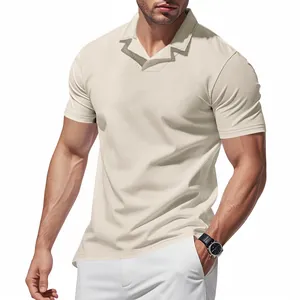 Close-up detail of a men's waffle knit polo shirt featuring a stylish V-neck collar design