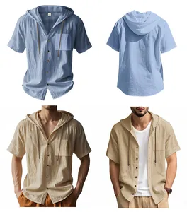 Camicia casual da uomo a maniche corte con cappuccio, coulisse e bottoni frontali