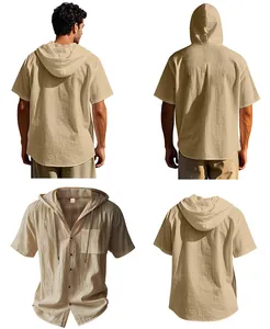 Viste dettagliate della camicia casual in lino con cappuccio da uomo con coulisse