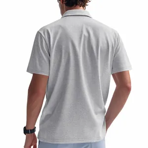 Detailed back view of a men's light grey waffle knit polo shirt in a relaxed casual fit.