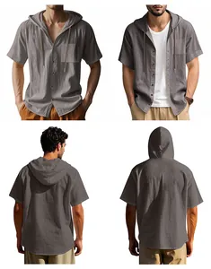 Viste dettagliate multi-angolo della camicia casual da uomo a maniche corte con cappuccio grigia