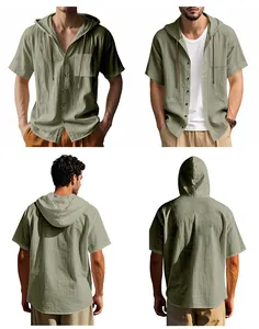 Vista dettagliata da quattro angolazioni di camicia casual da uomo con cappuccio verde oliva.