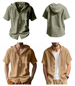 Camicia casual da uomo con cappuccio, maniche corte, coulisse e trama in lino grezzo