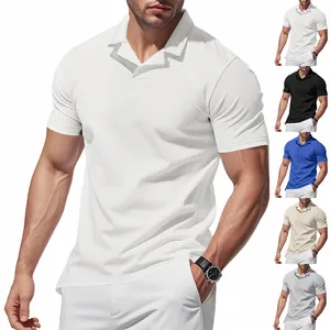 Polo d'Été pour Hommes en Tricot Gaufre Manches Courtes Simple Décontracté Coupe Large Col en V Burke Respirant