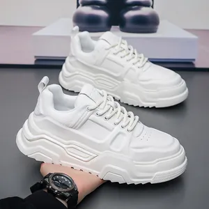 Zapatillas de Skate para Hombre con Suela Gruesa Cuero de Vaca Segunda Capa Zapatillas Casuales con Cordones Blanco Estilo Coreano Tendencia