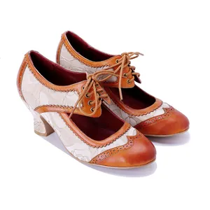 Escarpins Mary Jane vintage en cuir faits main avec lacets et design patchwork floral