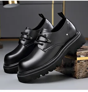 Side view of black platform Derby shoes with thick chunky sole and rivet details