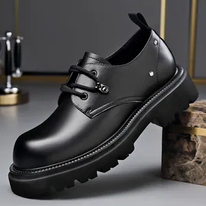 British Style Men's Derby Shoes Second Layer Cowhide Leather Thick Sole Height Increasing Black Business Formal Shoes