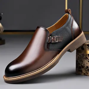 Zapatos de Cuero Casuales para Hombre Estilo Británico Mocasines Formales Sin Cordones Parte Superior de Cuero Dividido Decoración de Hebilla Suela de Goma