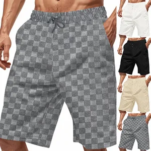 Pantalones Cortos de Verano para Hombre Estilo Americano Sueltos Casuales Jacquard Pesado Tablero de Ajedrez Largo de Cinco Puntos Con Cintura Elástica