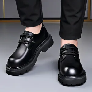 Premium black thick-soled British style Derby shoes with platform heels for men