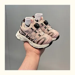 Children's Breathable Running Sneakers Boys Girls Rotating Buckle Patchwork Microfiber Rubber Chunky Sole Casual Athletic Sport Shoes