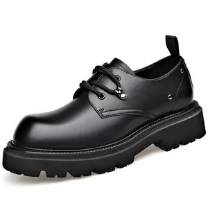 Stylish black platform Derby shoes for men featuring thick rubber soles and British style