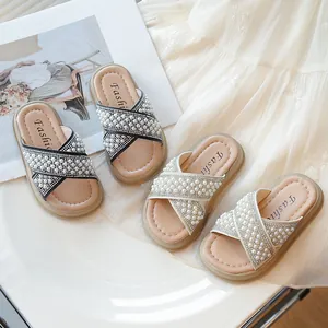 Chanclas de Verano para Niña con Perlas Artificiales y Diamantes de Imitación Sandalias Estilo Princesa Zapatos de Playa Cuero PU