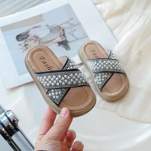 Sandalias de verano para niñas con perlas y pedrería para la playa, casuales y cómodas