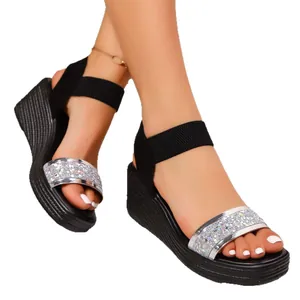 Moderne Damen Keilsandaletten mit glitzerndem Riemen und bequemem elastischem Band