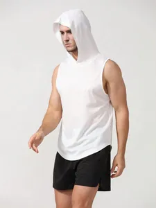 Débardeur de sport blanc à capuche pour homme sans manches avec ourlet incurvé et respirant