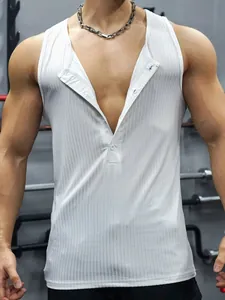 Detail of men's white ribbed knit slim fit tank top for gym training and summer wear