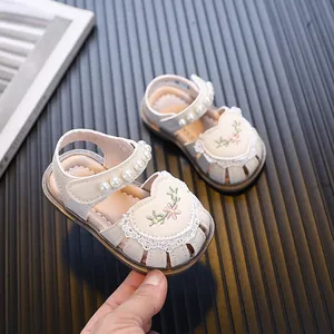 Baby girl summer sandals with pearl strap and embroidered heart flowers soft sole