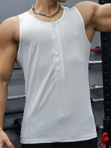Detail shot of men's white ribbed knit fitness tank top featuring a Henley button placket